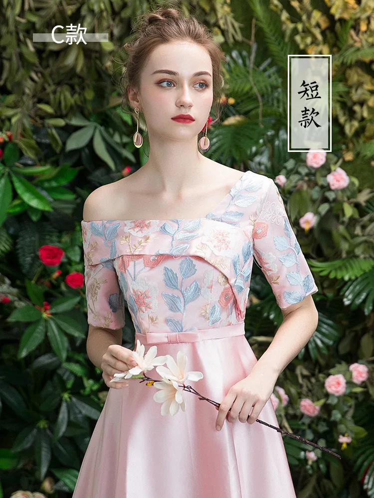 Розовое Кружевное Платье Чонсам с вышивкой, современное китайское платье подружки невесты Qi Pao, женское китайское вечернее китайское платье-Ципао, рекламная акция, юбка для сестры - Цвет: C pink short