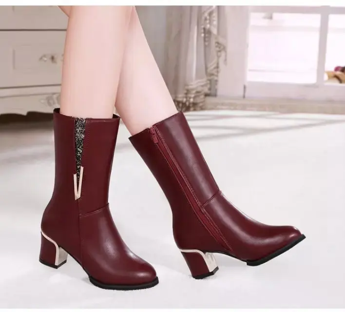 

2019 High-Heel New Style Middle Boots Women's England WOMEN'S Boots qiu dong xue Children Chunky-Heel Occupational Footwear Warm