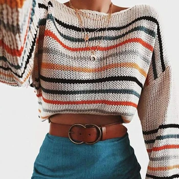 

Sweater Womens Striped Pullover Sweaters Oversized Off Shoulder Rainbow Loose Knit Crop Tops