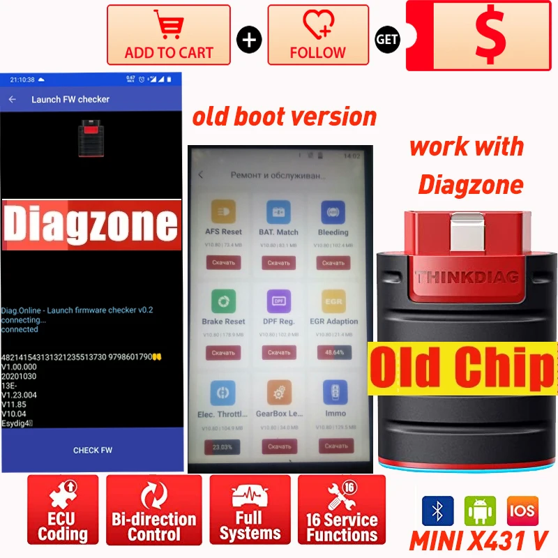 Old Version Thinkdiag full system OBD2 Diagnostic Tool Code Reader 15 Reset Services Can Work With Diahzone OBD2 Scanner tool