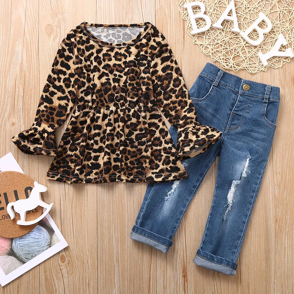 baby girl clothes winter Toddler Baby Kids Girls Leopard Print long sleeve 0-neck Tops Jeans Pant Trousers Set baby kleding