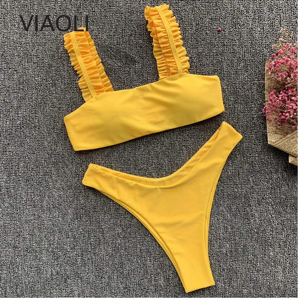 

Sexy Bandeau Two Piece Bikinis New Ruffle Shoule Swimsuits Push Up Swimwear Female Brazilian Bikini Set Bathing Suits Biquini