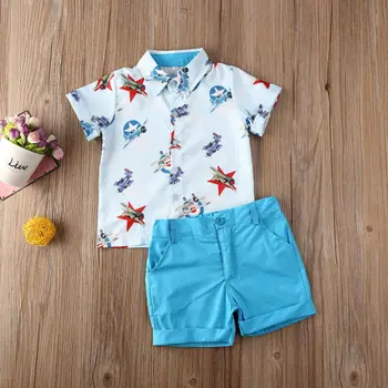 

2Pcs Toddler Kids Baby Boy Gentleman Clothes Airplane Print Shirt Tops + Pants Summer Boys Set Outfits