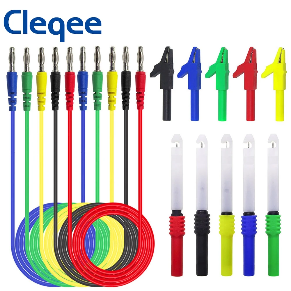 Cleqee 4mm banana plug teste leva kit com safty punctura agulha perfuração sondas jacaré clipes para multímetro teste p1043b