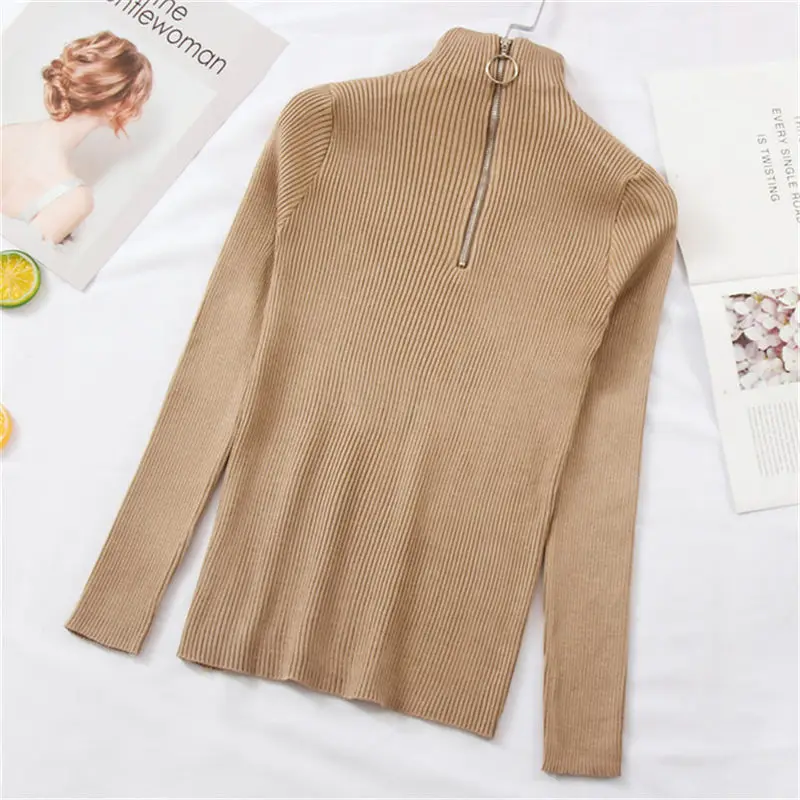 

Korea Autumn Winter Elastic Zipper Half Turtleneck Pullovers Sweaters Women Spring Sexy Khaki Knitted Sweater Female Top
