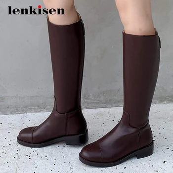 

Lenkisen new equestrian boots genuine leather flower classic colors round toe thick med heel zipper gorgeous knee high boots L15
