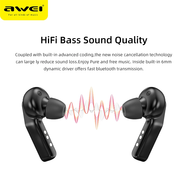 AWEI TWS Bluetooth-compatible Earphone True Wireless Charging Noise Canceling HiFi 6D Bass With Mic Touch Control Gaming Headset