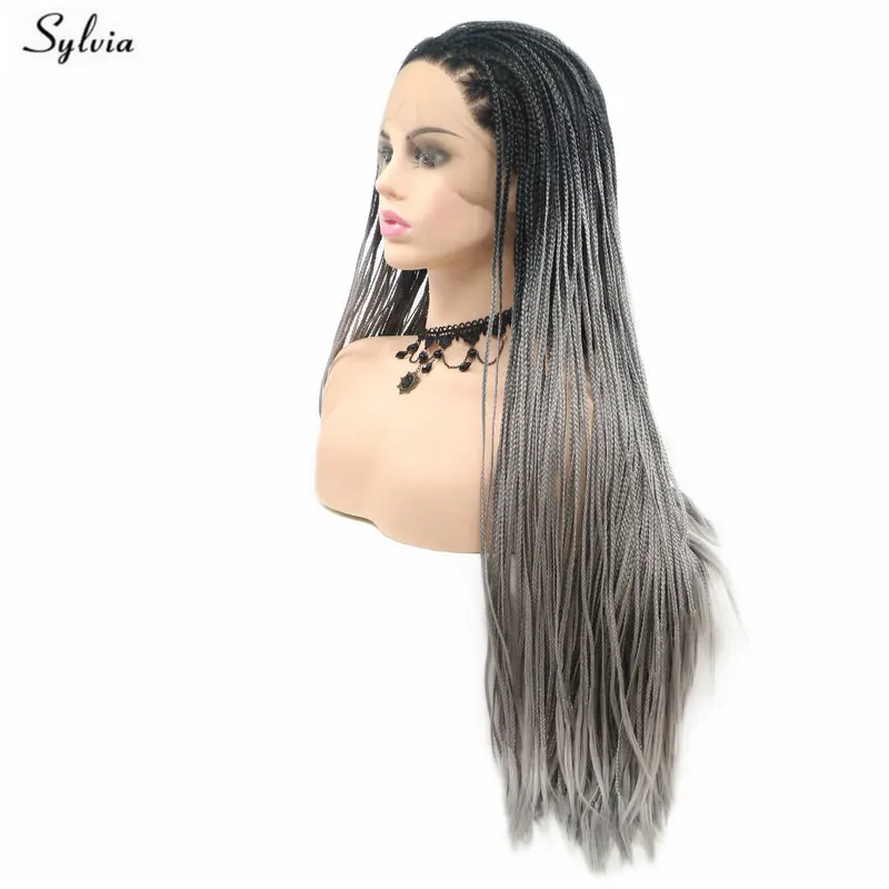 Sylvia черный Омбре фиолетовый/серый парик плетеные кружевные передние парики для женщин Косплей вечерние термостойкие синтетические Премиум косы парик