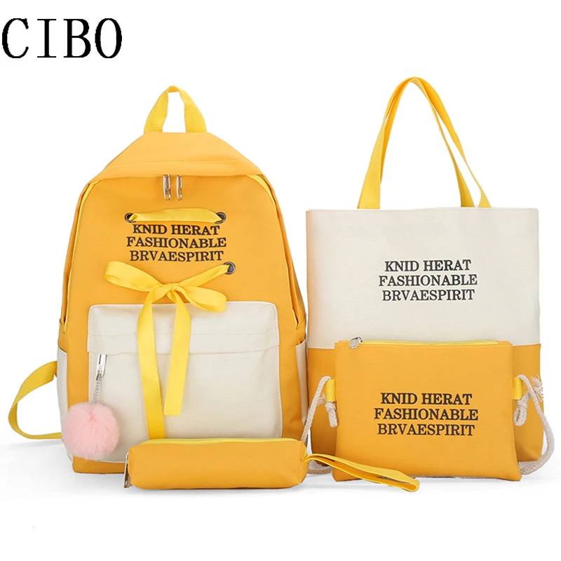 

4 canvas school backpack set for teenage girls bow decoration shoulder bag + ladies backpack + pen holder + wallet travel bag