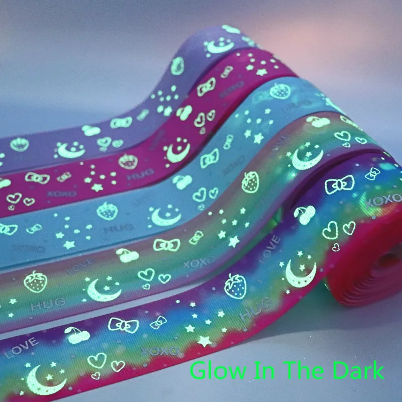 

5 Yards 1.5" 38MM Glow In The Dark Rainbow Printed Grosgrain Ribbon For Hair Bows DIY Crafts Handmade Accessories M19092403