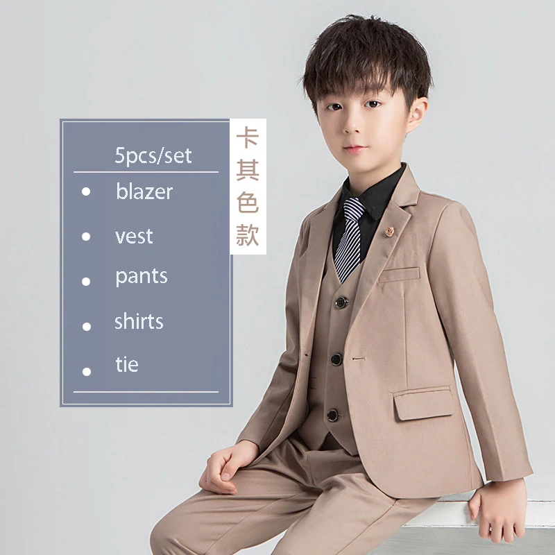 khaki 5pcs Комплекты детских костюмов свадебное платье с цветочным принтом для мальчиков костюм для сцены детский Блейзер и брюки, жилет, рубашка комплект одежды с галстуком - Цвет: khaki 5pcs