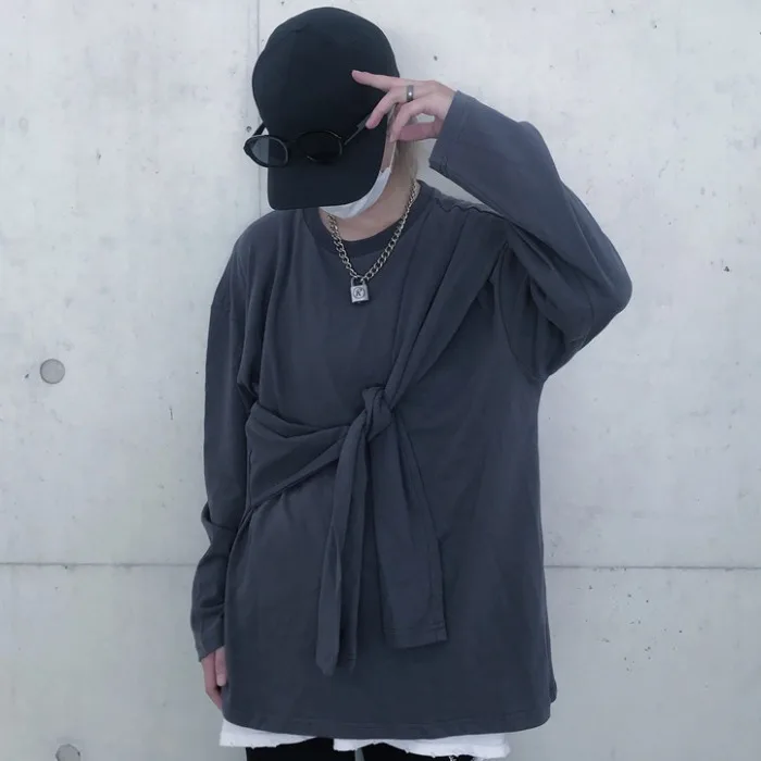 Harajuku, новинка, корейский стиль, круглый вырез, кружево, уличный стиль, одноцветные, длинный рукав, футболки, женская одежда, футболки, ins, женские топы, осень, хит