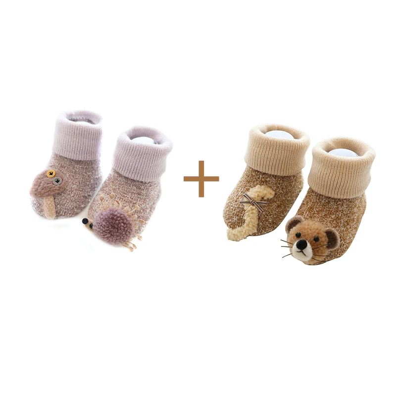 Khaki and Brown Winter Baby Socks Middle Tube Coral Velvet Animal Cotton Baby Girls Boys Socks Anti-Slip Warm Floor Socks 0-24 Months - Цвет: Khaki and Brown
