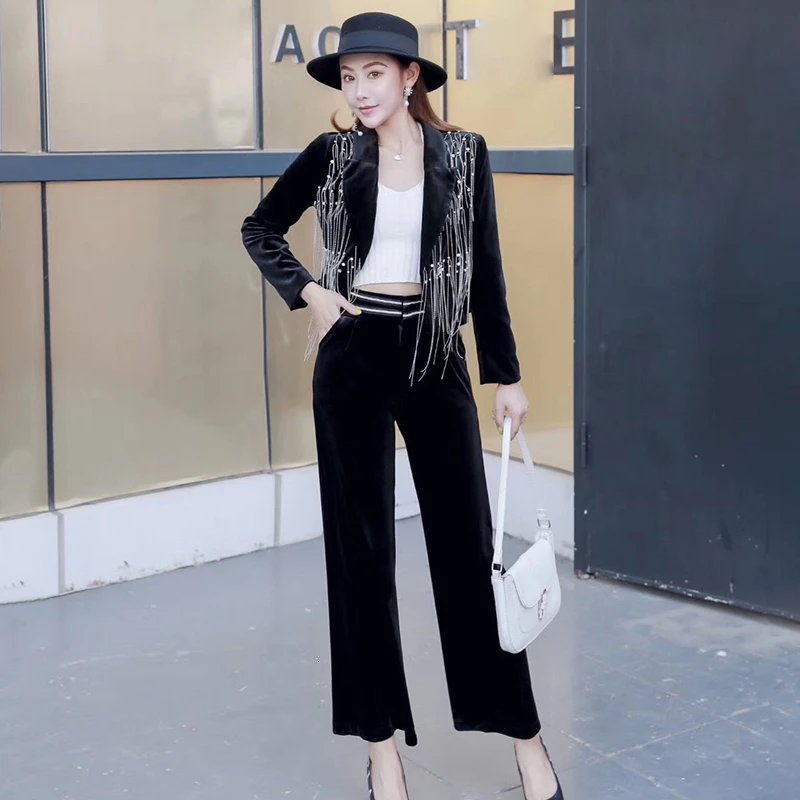 TWOTWINSTYLE Лоскутная Кисточка Комплект из двух предметов для женщин пальто с длинными рукавами Высокая талия широкие брюки женский костюм осень мода
