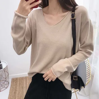 

Knitted Sweater Women Pullovers Tops V-Neck Turtleneck Autumn Winter Sweaters Solid Loose Basic Solid Color Women Sweater
