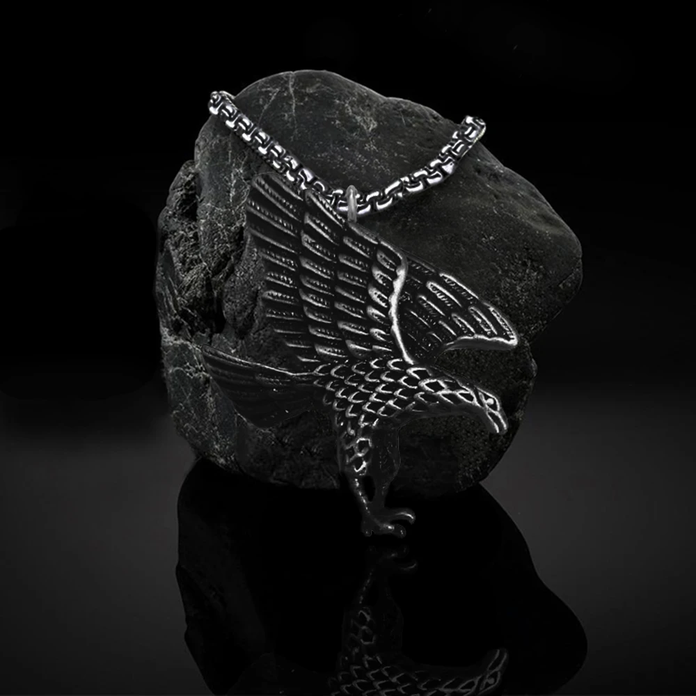 

Punk Rock Vintage Flying Eagle Viking Pendant Necklace Handmade Jewelry For Women Men With 23.5 in Stainless Steel Wheat Chain