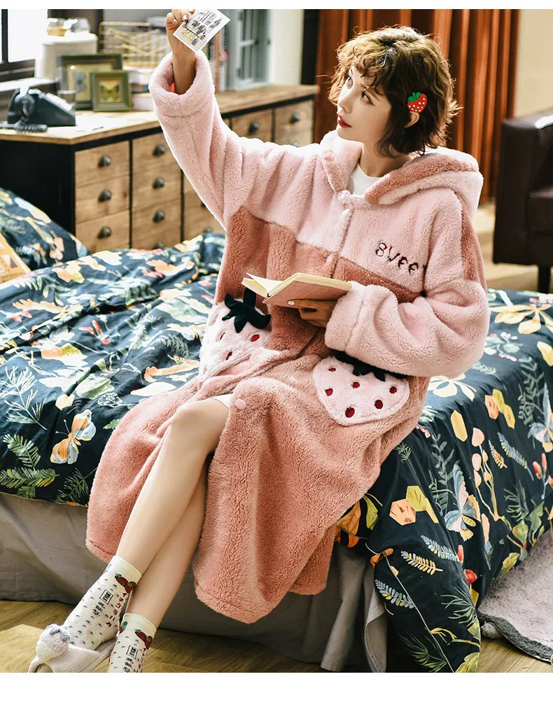BabYoung Фланелевая пижама, халат, женская зимняя Фланелевая пижама с длинным рукавом, толстый Халат, халат, Коралловый пуховик, длинная стильная домашняя одежда