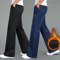 2022 High Quality Men Winter Warm Fleece Wide Leg Jeans Business Casual Flare Pants Mid Waist Velvet Trousers 1