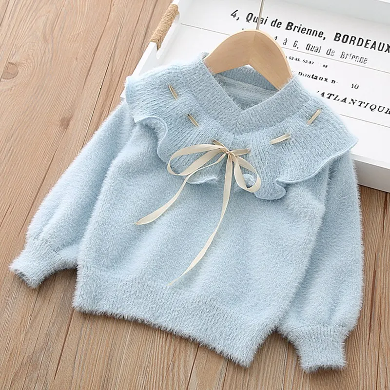 Модный осенне-зимний детский свитер для девочек; детская утепленная верхняя одежда с оборками и бантом; пуловер; свитера; базовые Топы; WT878