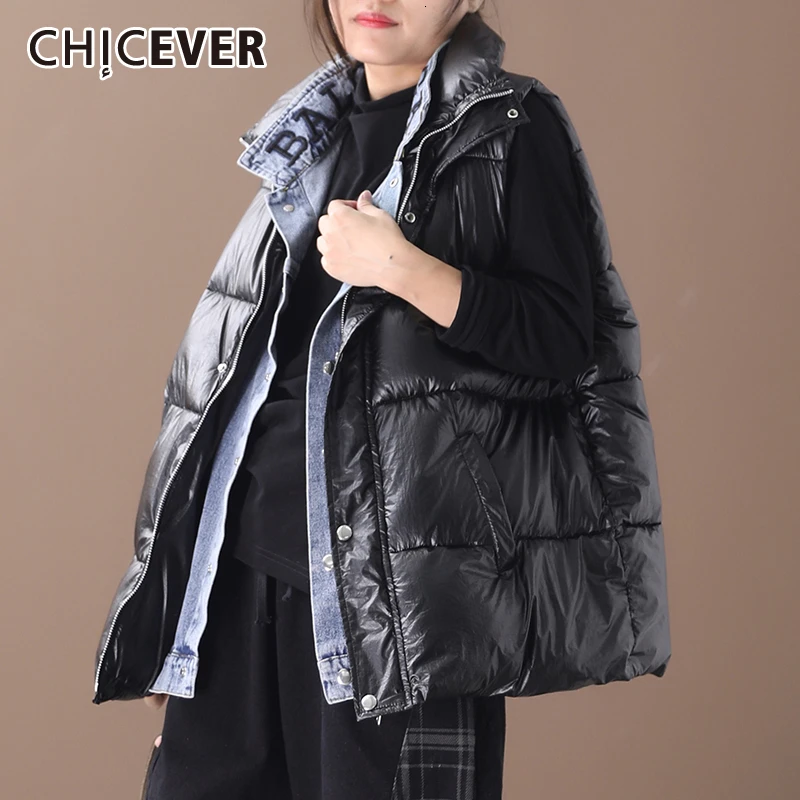 CHICEVER, черный зимний хлопковый жилет для женщин, воротник с лацканами, без рукавов, большие размеры, свободные, теплые, корейские Жилеты для женщин, мода, новинка