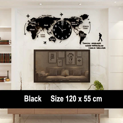 120x55cm No Light Большие настенные часы с картой мира, современный дизайн, акриловые 3D украшения, подвесные часы со светящимися настенными часами, домашний декор, 120x55 см - Цвет: 120x55cm No Light