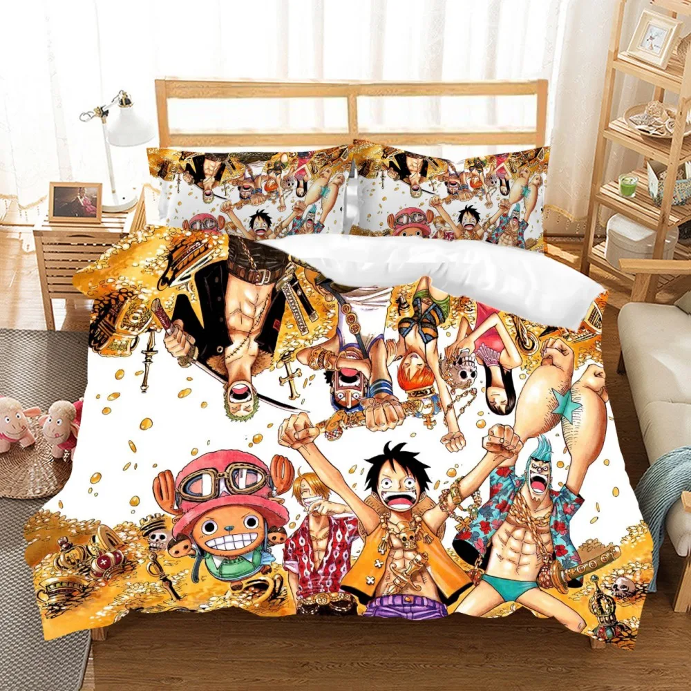 

Anime Teens Kids Bedding Set Captain Luffy Pirate Group Printed Duvet Cover Microfiber Pillowcase Double King Size Bedspread