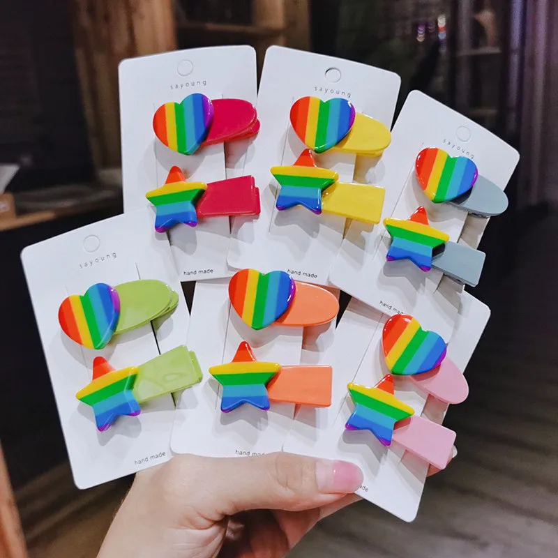

Free shipping Children's rainbow color Hairpins BB girl's heart&star Hairclips korea style plastic Side Clips