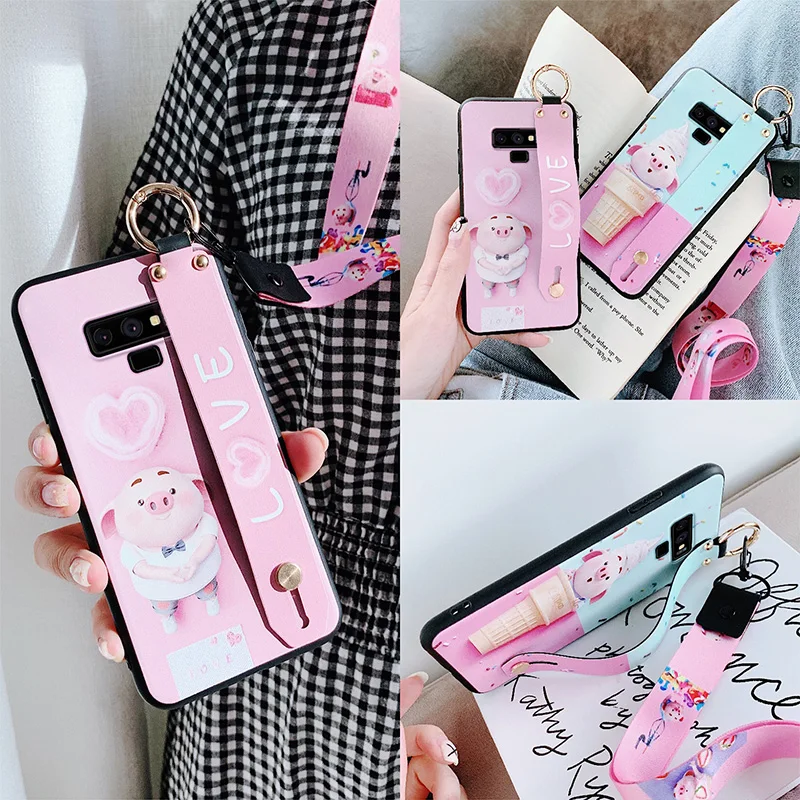 SAM Note 10 pro Cute pig Wrist Strap phone Case For Samsung S10 plus/ S9/ S8 8 9 Cartoon Daisy Back cover + strap |