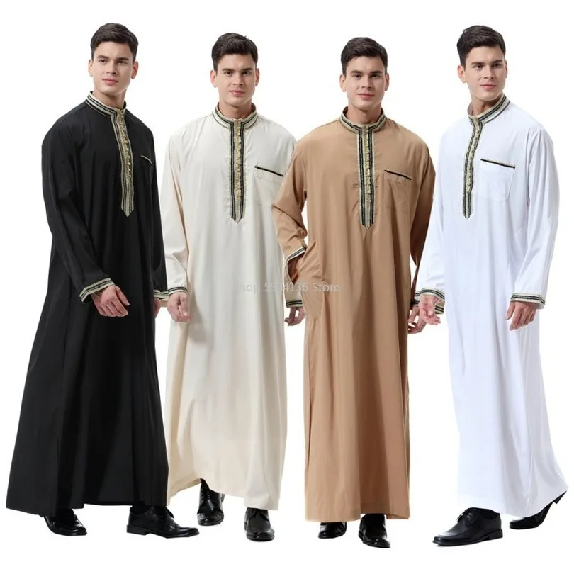 

Fashion Men Robes Muslim Clothing Long Sleeve Embroidery Arab Dubai Indian Middle East Islamic Man Jubba Thobe Plus Size 3XL