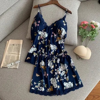 

Women Strap Top&Shorts Casual Satin Sleepwear Nightgown Print 2PCS Pajamas Suit Sexy Home Clothes Nightwear Intimate Lingerie