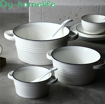 

Nordic Creative Multi Size White Blue Edge Ceramic Binaural Bowl Home Kitchen Supplies Bone China Breakfast Salad Big Bowl