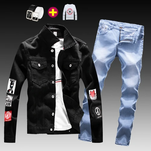 Модная мужская вареная джинсовая куртка, джинсы, штаны комплект из 2 предметов, пальто с длинными рукавами и аппликацией Повседневная приталенная Одежда для мальчиков S-XXXL-осень, N46 - Цвет: 3