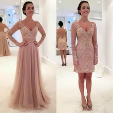 

Charming Removable Train Prom Dress Beautiful A Line V Neck Long Sleeves Women Wear Special Occasion Dress Evening Party Gown