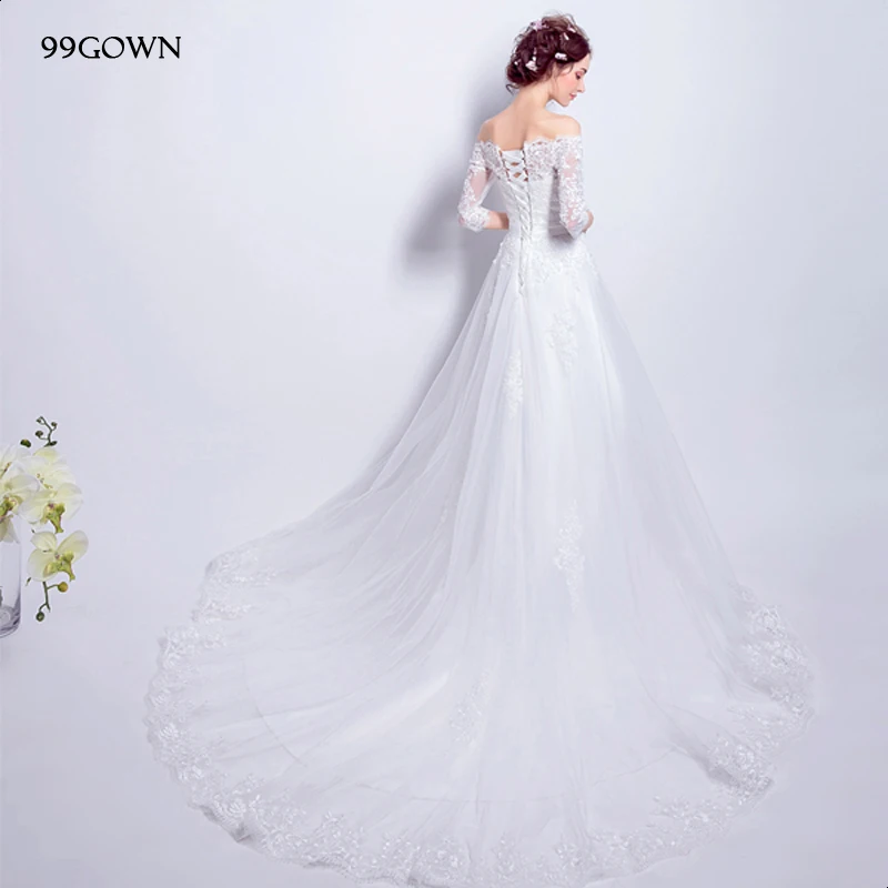 99GOWN, сексуальное длинное свадебное платье из тюля с открытыми плечами и кружевом для женщин, роскошное свадебное платье с длинным шлейфом и шнуровкой сзади