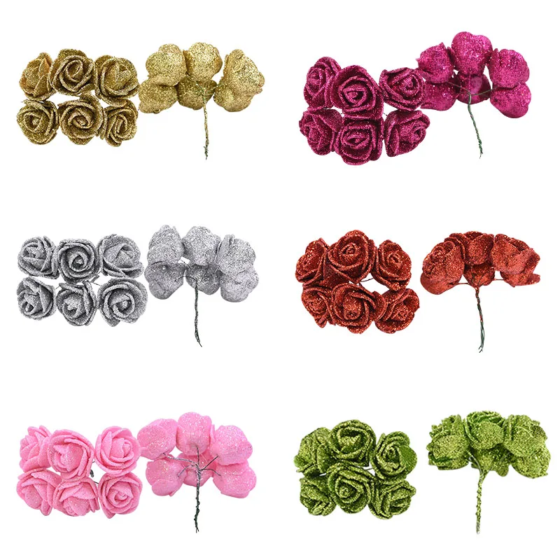 Mini Gold Silver Rose Flower Head Glitter Artificial Foam Fake Flower Wedding Home Decor DIY Wreath Scrapbook Craft
