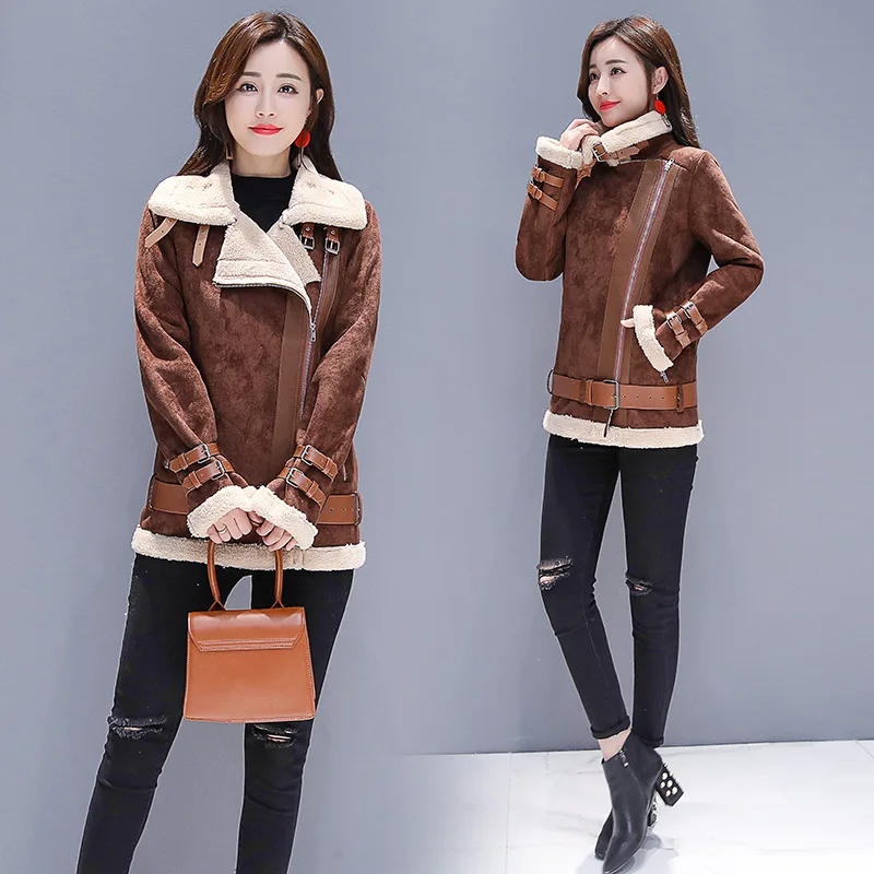 

Y9819 New Style Lace-up Suede Lambs Wool Motorcycle Jacket Cotton Coat Women's Fashion