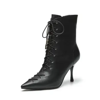 

Fashion Pointed Toe Thin High Heels Women Ankle Boots Top Quality Genuine Leather Sexy Elegant Party Prom Shoes
