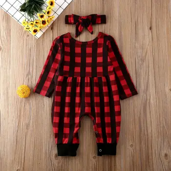 

Cute Newborn Plaids Romper Bay Girl Clothes Body Baby suit Overall Headband Outfit Baby Clothing