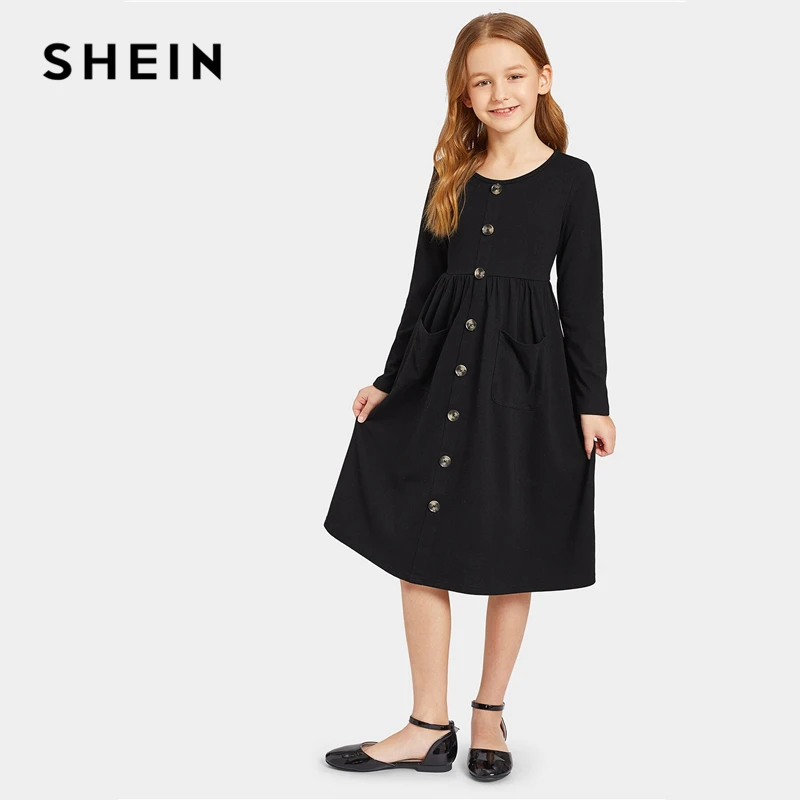 SHEIN Kiddie/черное однотонное плиссированное платье с одной пуговицей спереди для девочек г. Осенние повседневные миди-платья с длинными рукавами и двойным карманом