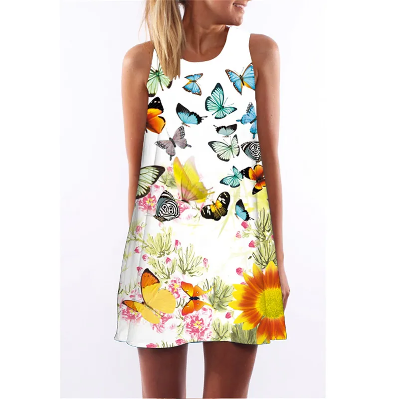 

New Arrival Butterfly Dress Sleeveless O Neck Summer Boho Dress Women Loose Chiffon Sexy Mini Short Beach Dress Vestidos Mujer