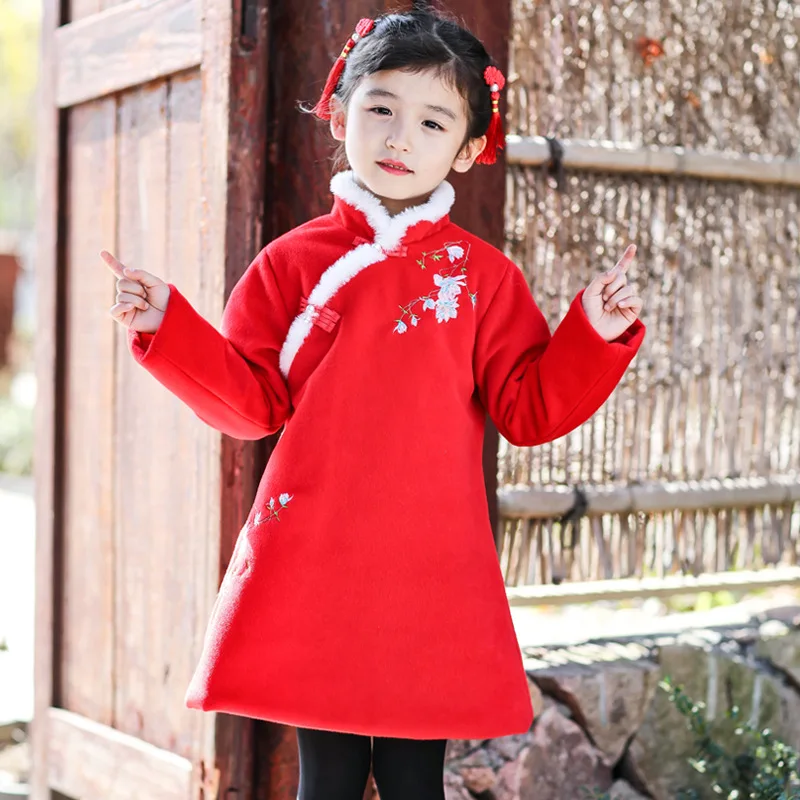 Зимние теплые платья Чонсам в китайском национальном стиле для девочек, платье в стиле ретро с вышивкой для девочек, традиционная одежда из вельвета и династии