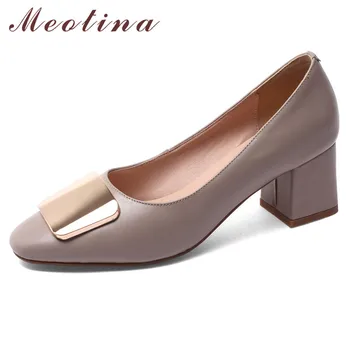 

Meotina Genuine Leather High Heel Pumps Metal Decoration Women Shoes Thick Heels Dress Footwear Female Gray Beige Plus Size 40