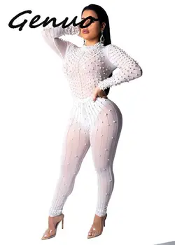 

Women New Sexy See-through Black Gauze One-piece Pearls Beading Diamonds Jumpsuit Mesh Party Club Rhinestone Rompers