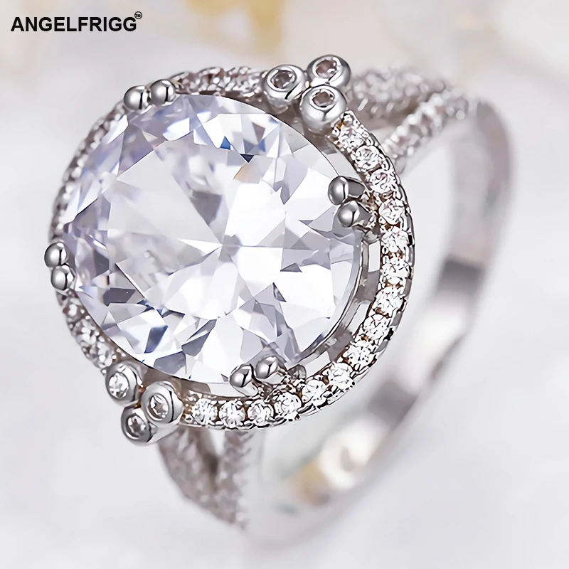 ANGELFRIGG Hot Sale Silver Color Finger Rings With Clear Big CZ Stone for Women Engagement Bands Fashion Jewelry Size5/6/7/8/9 | Украшения