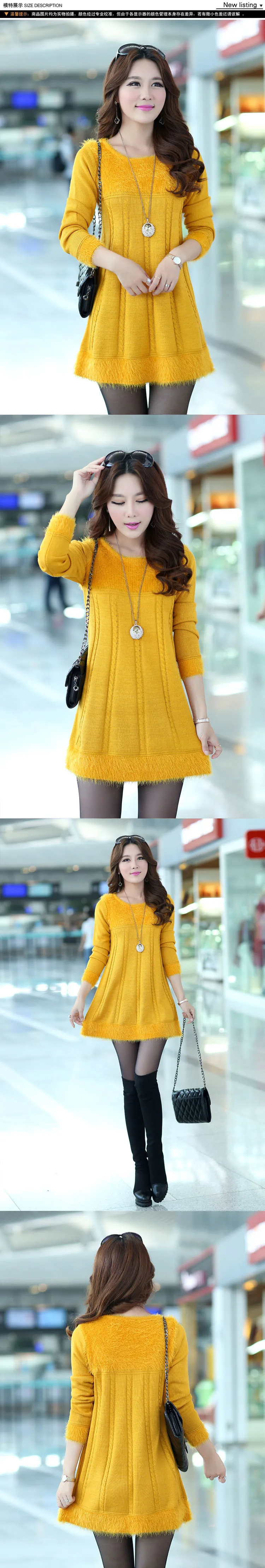 Blusa Tricot женский осенний и зимний длинный меховой свитер размера плюс, женский свитер, трикотажное платье, приталенный пуловер