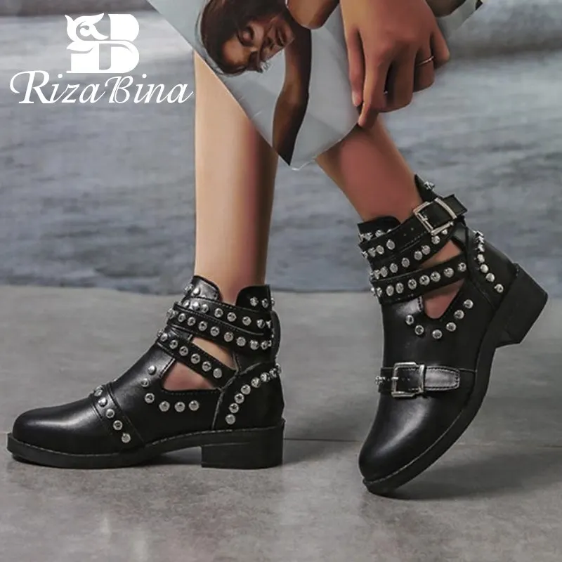 

RIZABINA Women Black Ankle Boots Buckle Strap Rivet Shoes Female Pu leather Motorcycle Boots Autumn Punk Boots Size 35-43
