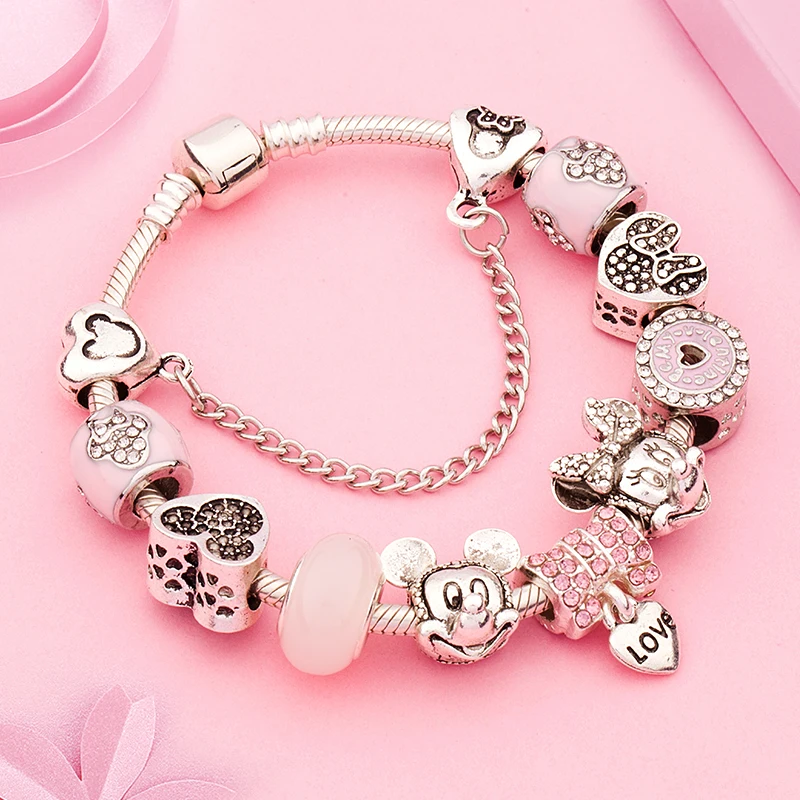 Rosa Emaille Mickey Minnie Charm Armband Silberbeschichtetes Herz Cartoon Tier Perlenarmband für Frauen Mädchen Schmuck Geschenk