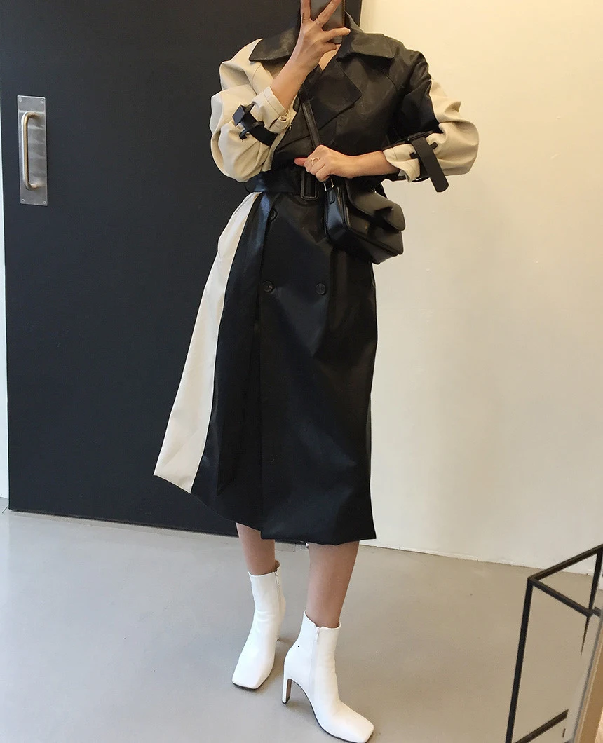 SHENGPALAE Ins зимний лоскутный сплит-сустав Бандажное приталенное длинное пальто из искусственной кожи корейский модный Свободный плащ пальто Woemn A228