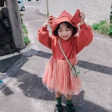 Г.; корейский стиль; милое Сетчатое платье принцессы с капюшоном и заячьими ушками для девочек; мягкие Праздничные платья с длинными рукавами для маленьких девочек