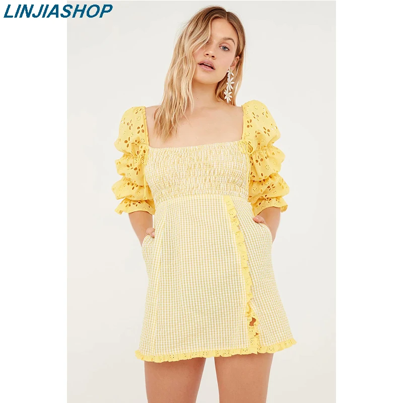 

For Love Women's Catamaran Smocked Dress Yellow Square Collar A-line Backless Elastic Bust and Waist Office Lady Mini Dress